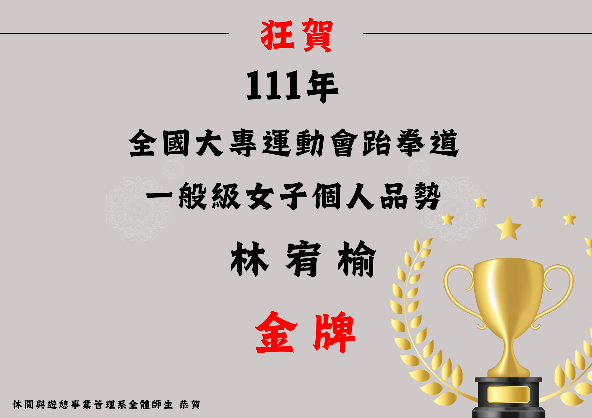(六) 日四技休憩2-1班林宥榆同學於4月27日至5月11日參加111年全國大專運動會跆拳道一般級女子個人品勢金牌