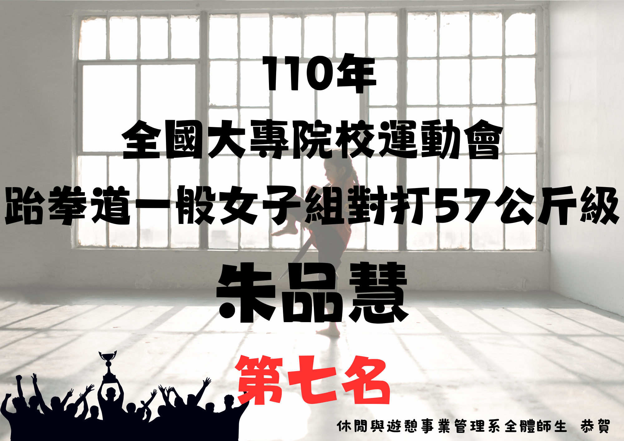(五)	本系朱品慧	同學於110年05月09日參加教育部110年全國大專院校運動會跆拳道一般女子組對打57公斤級第七名