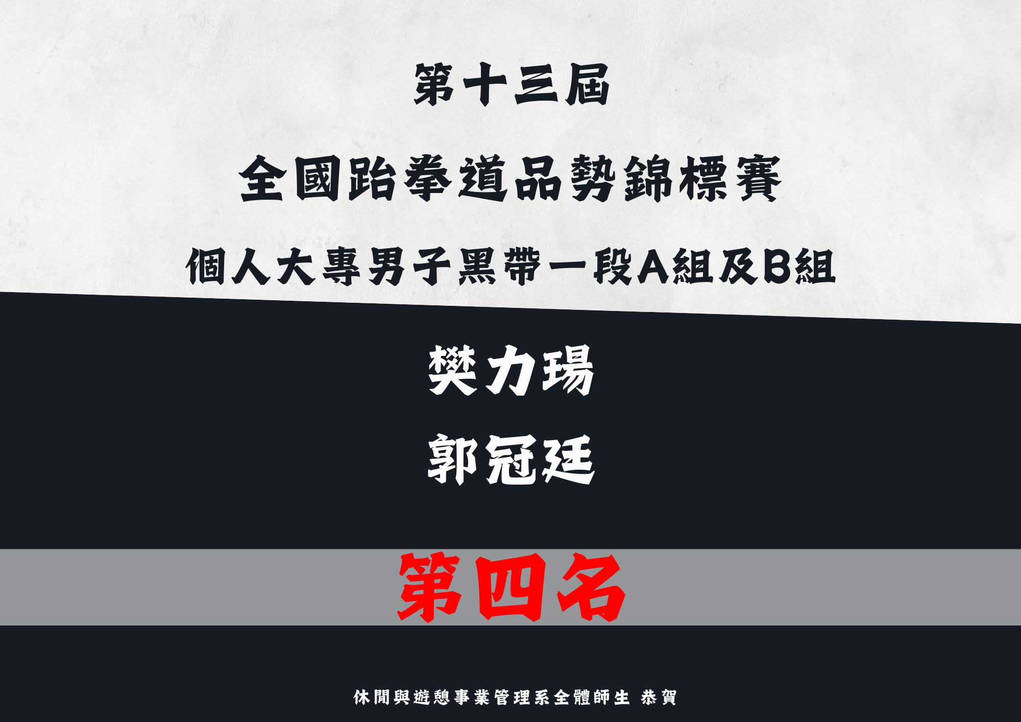 (三) 本系樊力瑒及郭冠廷同學於110年12月17日參加第十三屆全國跆拳道品勢錦標賽個人大專男子黑帶一段A組及B組各第四名